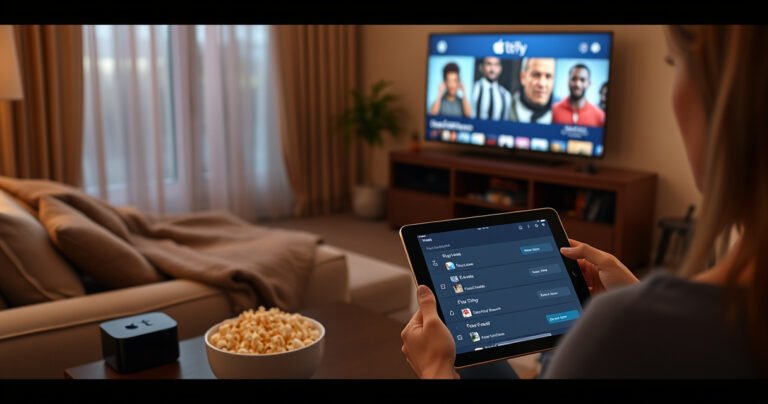 A cozy living room scene featuring a plush sofa with a soft blanket, a glowing Apple TV screen showing a popular movie, a bowl of popcorn on a coffee table, and a person happily selecting download options on a tablet, with warm lighting and a sense of comfort and anticipation for offline viewing.