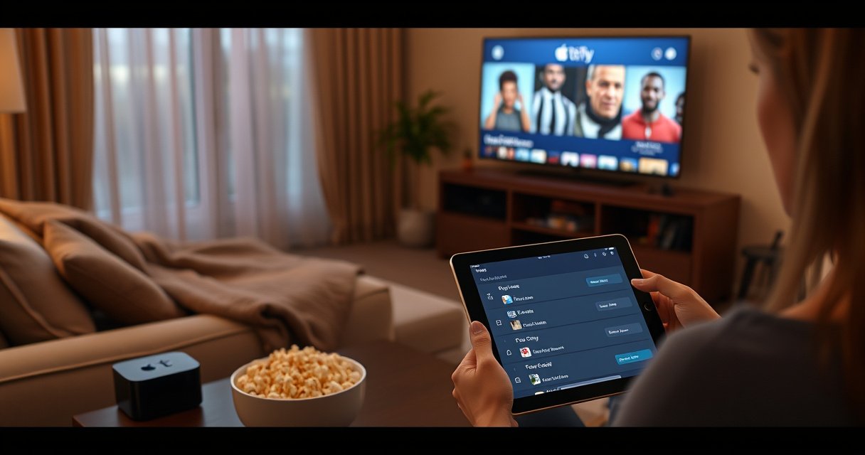 A cozy living room scene featuring a plush sofa with a soft blanket, a glowing Apple TV screen showing a popular movie, a bowl of popcorn on a coffee table, and a person happily selecting download options on a tablet, with warm lighting and a sense of comfort and anticipation for offline viewing.