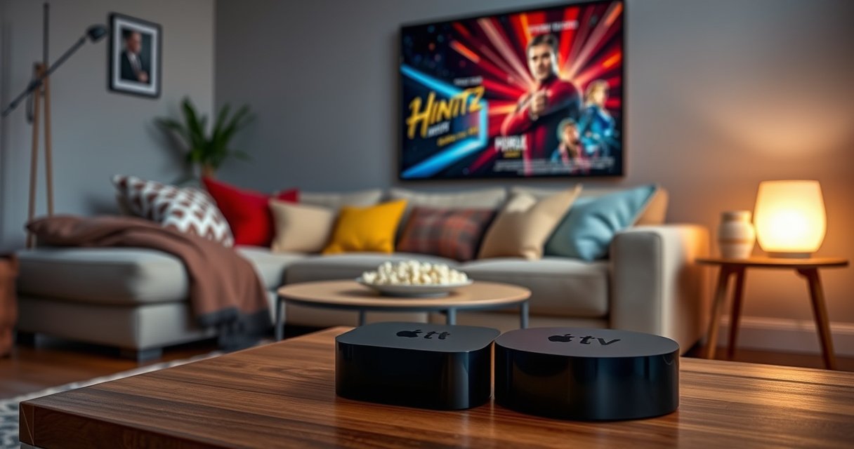 A cozy living room with a sleek Apple TV in the foreground, a plush couch adorned with colorful cushions, a bowl of popcorn on a stylish coffee table, and a warm glow from a nearby lamp. The wall features a vibrant movie poster, creating an inviting atmosphere for a movie night.