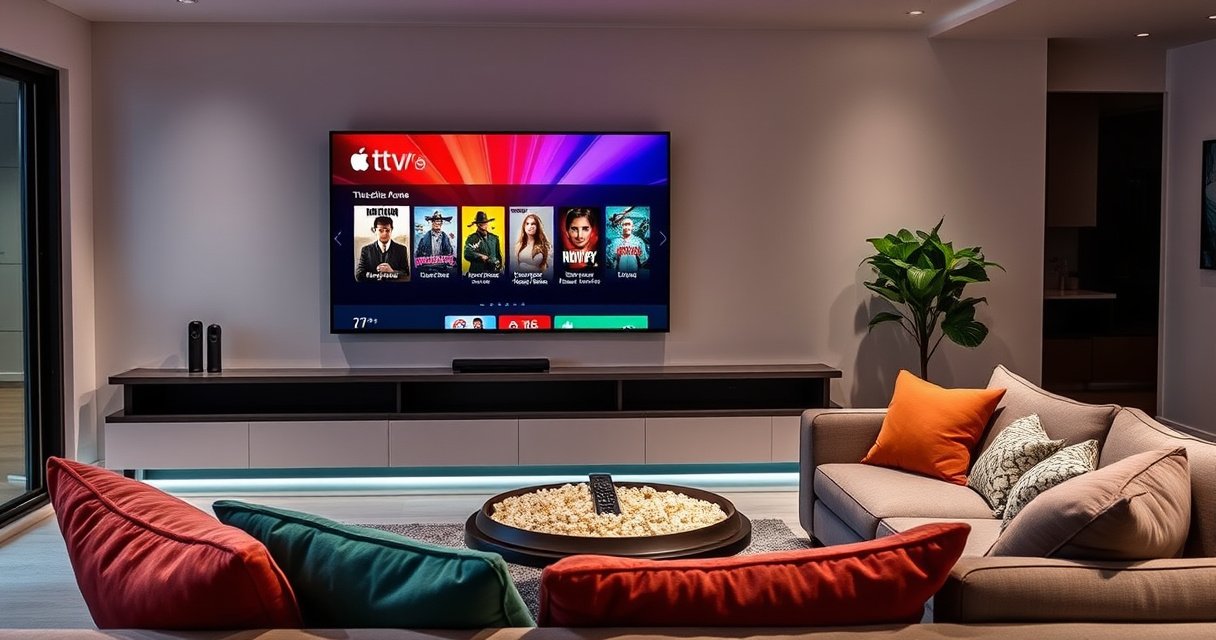 A sleek, modern living room with an oversized Apple TV mounted on the wall, displaying a vibrant movie selection screen. A cozy sofa adorned with colorful cushions faces the TV, while a stylish coffee table holds popcorn and a remote. Soft, ambient lighting creates a warm and inviting atmosphere, perfect for a movie night.