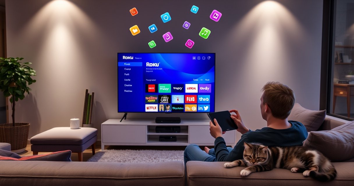 A sleek modern living room featuring a large smart TV displaying the Roku interface, surrounded by cozy furniture and soft lighting. A person is sitting on a plush couch, tablet in hand, engaging with the TV. Colorful Roku icons float above, symbolizing app downloads, while a playful cat lounges nearby, enhancing the inviting atmosphere.
