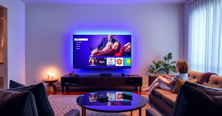 A sleek modern living room featuring a large smart TV displaying the Roku interface, surrounded by cozy furniture, a remote control on a stylish coffee table, soft ambient lighting creating a welcoming atmosphere, with a hint of a family enjoying streaming content together, showcasing the convenience of modern technology in everyday life.