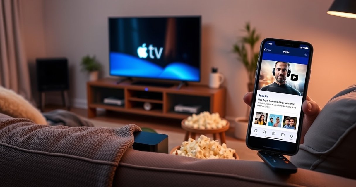 A cozy living room scene featuring a plush sofa with a blanket, a sleek Apple TV on a modern entertainment unit, and a smartphone displaying a downloaded show. Soft ambient lighting creates a warm atmosphere, with popcorn and a remote nearby, inviting viewers to enjoy offline streaming in comfort.