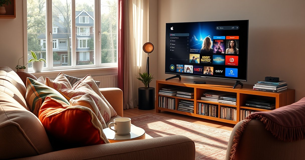 A cozy living room scene featuring a plush sofa with colorful throw pillows, a steaming cup of tea on a side table, and a large flat-screen TV displaying a vibrant Apple TV interface. Sunlight streams through a window, illuminating a collection of DVDs and streaming devices, evoking a warm, inviting atmosphere for binge-watching.