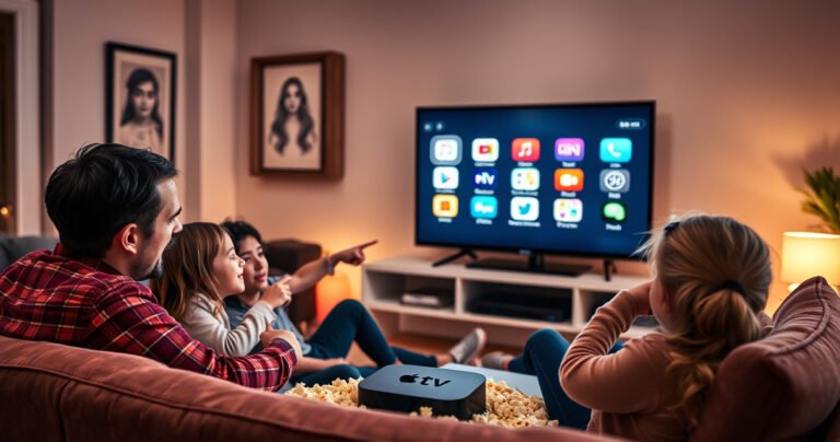A cozy living room setting with a sleek Apple TV prominently displayed on a modern screen, colorful app icons glowing brightly. A family of four gathers on a plush sofa, excitedly pointing at the TV, surrounded by popcorn and a warm atmosphere, with soft lighting enhancing the inviting space.