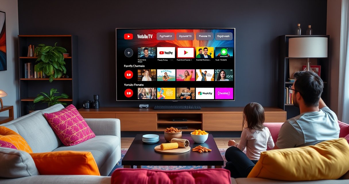A colorful, modern living room with a large TV screen displaying the YouTube TV interface, featuring highlighted favorite channels. A cozy couch with vibrant cushions, snacks scattered on a coffee table, and a warm ambiance from soft lighting, showcasing a casual, inviting atmosphere for a family enjoying their favorite shows together.