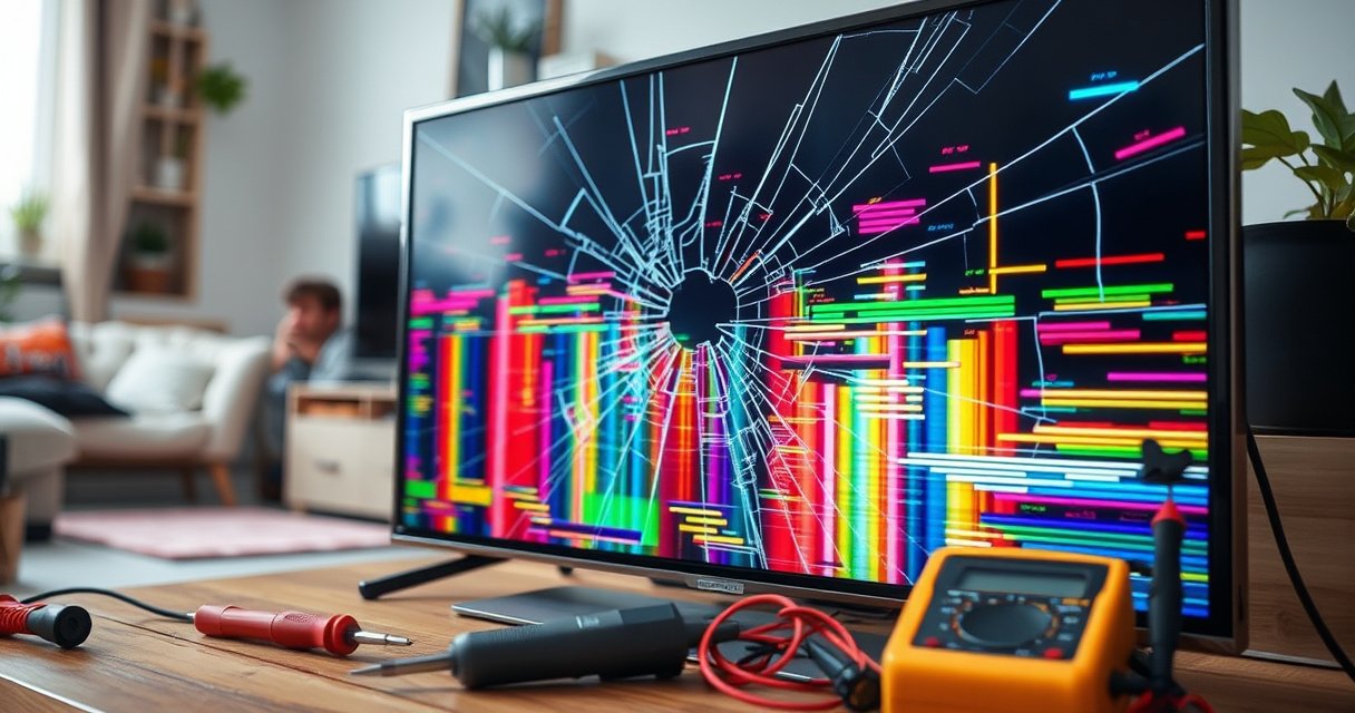 A close-up of a cracked TV screen with colorful static interference, surrounded by tools like screwdrivers and a multimeter, against a backdrop of a cozy living room. In the corner, a worried person examines the screen, highlighting the blend of technology and everyday life, evoking curiosity about TV repairs.