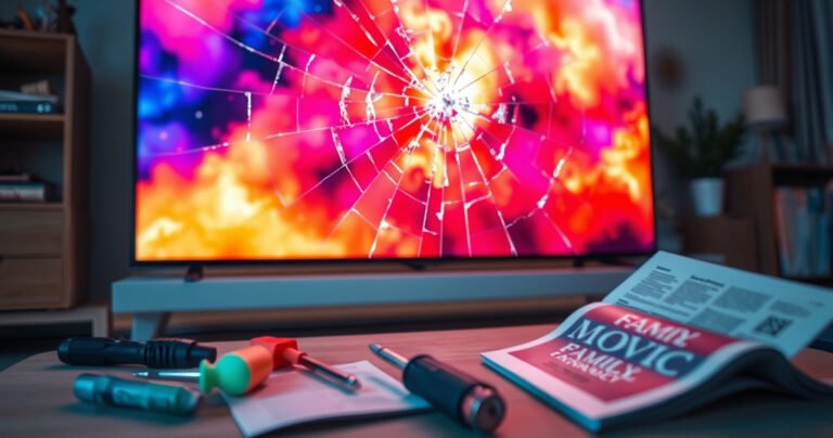 A close-up of a large, cracked television screen displaying vibrant colors, with shards of glass glinting in the light. Surrounding the TV, tools like screwdrivers, adhesive, and a repair manual are scattered. In the background, a cozy living room is visible, hinting at a family eagerly awaiting a movie night.