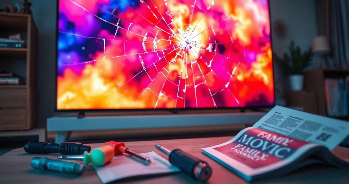 A close-up of a large, cracked television screen displaying vibrant colors, with shards of glass glinting in the light. Surrounding the TV, tools like screwdrivers, adhesive, and a repair manual are scattered. In the background, a cozy living room is visible, hinting at a family eagerly awaiting a movie night.