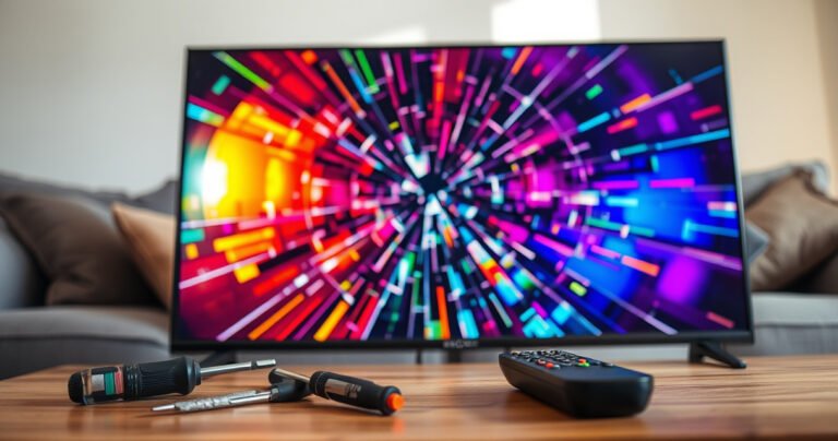 A close-up of a flat screen TV displaying a vibrant, cracked screen with colorful glitch effects, surrounded by tools like screwdrivers and a remote, set on a cozy living room table. Soft lighting casts shadows, highlighting the tension between the broken technology and the inviting atmosphere, evoking a sense of urgency and hope for repair.