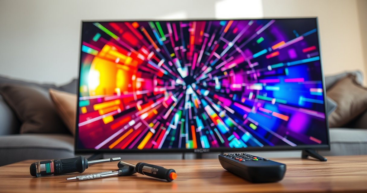 A close-up of a flat screen TV displaying a vibrant, cracked screen with colorful glitch effects, surrounded by tools like screwdrivers and a remote, set on a cozy living room table. Soft lighting casts shadows, highlighting the tension between the broken technology and the inviting atmosphere, evoking a sense of urgency and hope for repair.