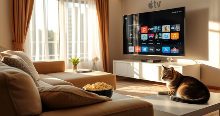 A cozy living room with a plush sofa, a sleek flat-screen TV displaying the Apple TV interface, and a bowl of popcorn on the coffee table. Sunlight filters through sheer curtains, casting warm shadows, while a curious cat lounges nearby, showcasing an inviting atmosphere perfect for streaming without an Apple device.