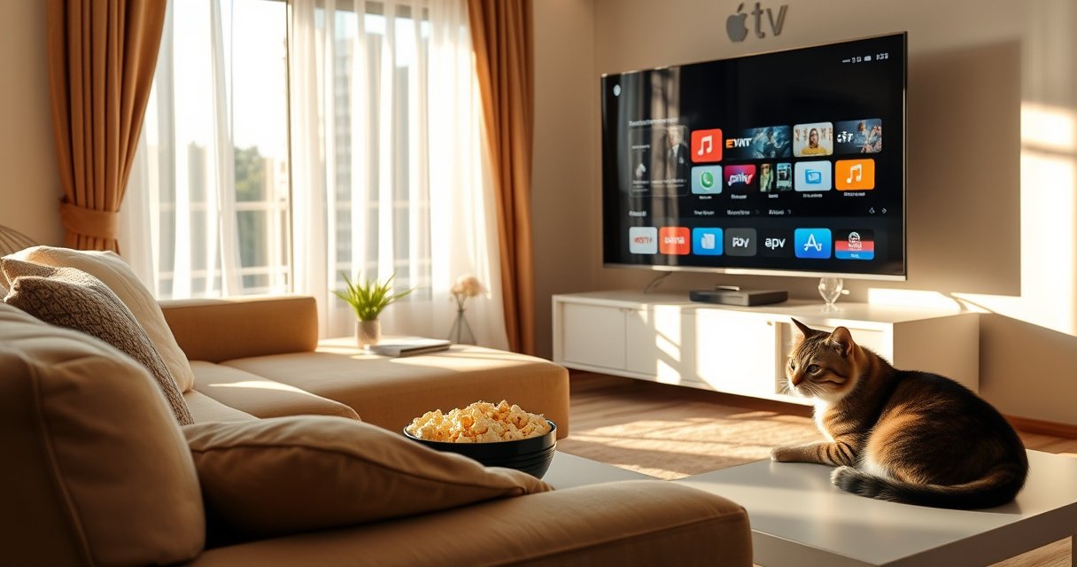 A cozy living room with a plush sofa, a sleek flat-screen TV displaying the Apple TV interface, and a bowl of popcorn on the coffee table. Sunlight filters through sheer curtains, casting warm shadows, while a curious cat lounges nearby, showcasing an inviting atmosphere perfect for streaming without an Apple device.