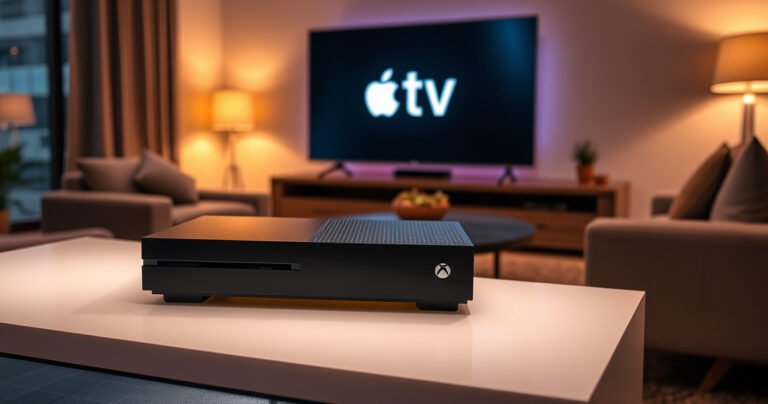 A sleek Xbox console sits prominently on a modern entertainment center, illuminated by soft ambient lighting. An Apple TV logo glows on the TV screen, with an inviting living room backdrop featuring plush couches and a stylish coffee table. Warm colors create a cozy atmosphere, hinting at an enjoyable gaming and streaming experience.