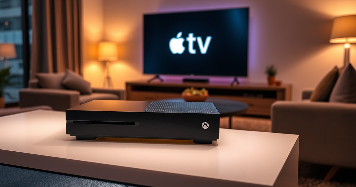 A sleek Xbox console sits prominently on a modern entertainment center, illuminated by soft ambient lighting. An Apple TV logo glows on the TV screen, with an inviting living room backdrop featuring plush couches and a stylish coffee table. Warm colors create a cozy atmosphere, hinting at an enjoyable gaming and streaming experience.