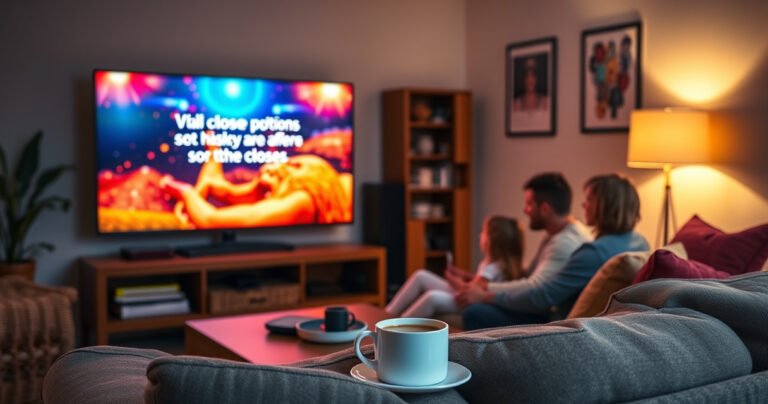 A cozy living room scene featuring a large flat-screen TV displaying vibrant closed captions, a comfortable couch adorned with colorful cushions, and a steaming cup of coffee on a wooden table. Soft ambient light from a nearby lamp casts a warm glow, while a family watches intently, creating a sense of connection and convenience.