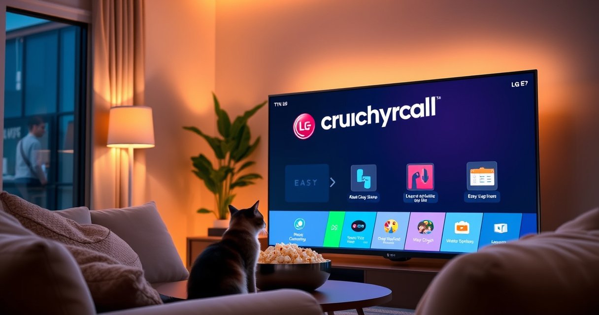 A cozy living room with a sleek LG Smart TV displaying the Crunchyroll logo, surrounded by plush cushions and a bowl of popcorn. Soft ambient lighting creates a warm atmosphere, while a curious cat watches the screen intently. A digital guide appears on the TV, illustrating the easy setup steps with vibrant graphics and icons.