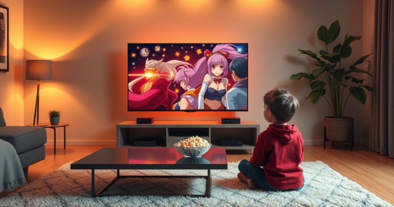 A sleek LG TV prominently displayed in a cozy living room, vibrant anime characters flickering on the screen, a bowl of popcorn on a stylish coffee table, warm ambient lighting casting a welcoming glow, and a curious viewer sitting cross-legged on a plush rug, ready to dive into the world of streaming.