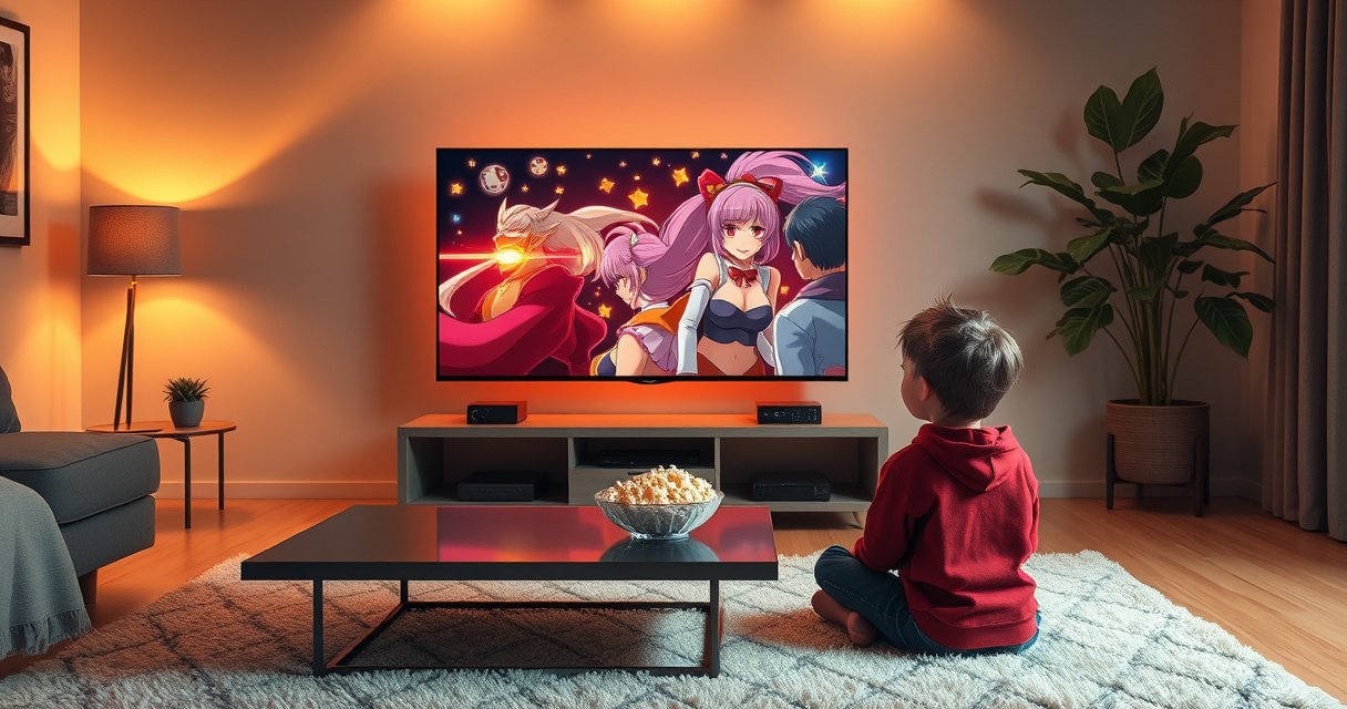 A sleek LG TV prominently displayed in a cozy living room, vibrant anime characters flickering on the screen, a bowl of popcorn on a stylish coffee table, warm ambient lighting casting a welcoming glow, and a curious viewer sitting cross-legged on a plush rug, ready to dive into the world of streaming.