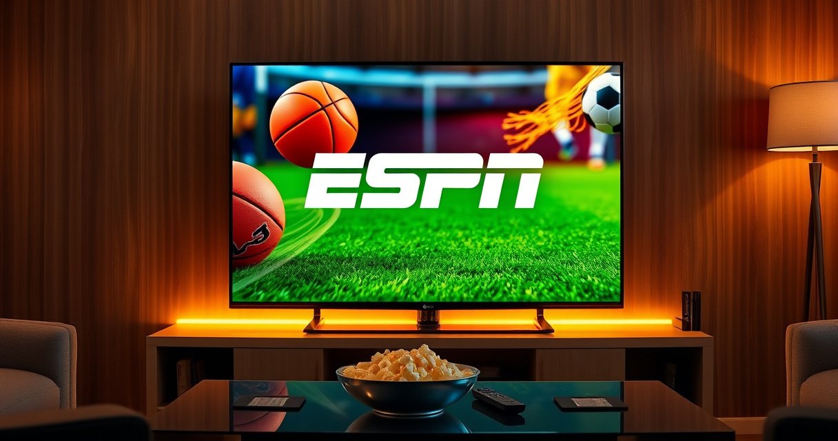 A sleek LG TV displaying the ESPN logo surrounded by vibrant sports imagery, including a football, basketball, and soccer ball in mid-action. The living room is cozy, illuminated by warm lights, with a bowl of popcorn and a remote control on a stylish coffee table, creating a perfect streaming atmosphere for sports enthusiasts.