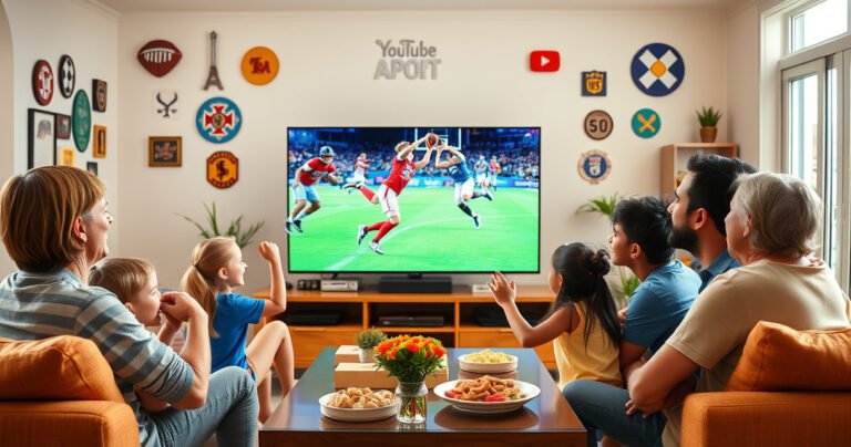 A vibrant living room scene showcasing a family eagerly watching a large TV displaying an exciting live sports event. Bright colors, snacks on the coffee table, and a joyful atmosphere. In the background, a wall adorned with sports memorabilia and a window revealing a sunny day outside, highlighting the thrill of streaming sports on YouTube TV.