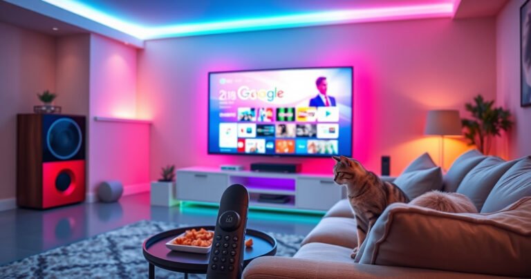 A sleek living room with a modern TV displaying the Google TV interface, vibrant colors illuminating the space. A cozy couch with plush cushions, snacks on a small table, and a curious cat peering at the screen. The room is filled with soft, warm lighting, creating an inviting atmosphere perfect for streaming entertainment.