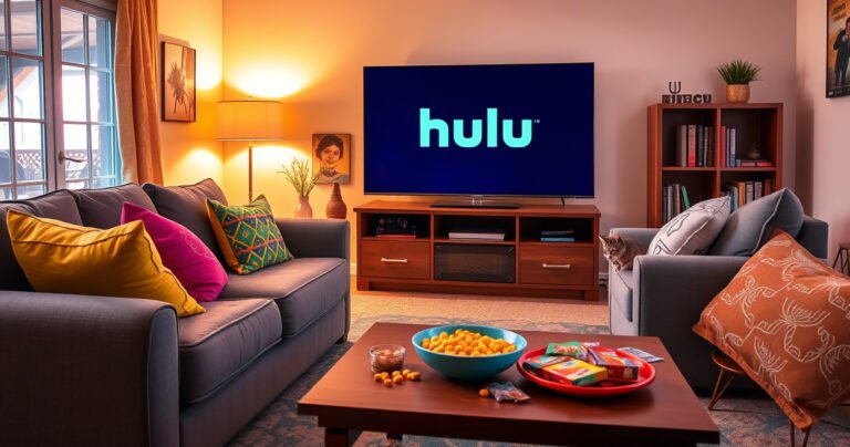 A vibrant living room scene featuring a cozy sofa with colorful throw pillows, a large flat-screen TV displaying the Hulu logo, snacks scattered on a coffee table, and a curious cat peeking from behind the couch, all set against a backdrop of warm, inviting lighting that creates a friendly, engaging atmosphere.