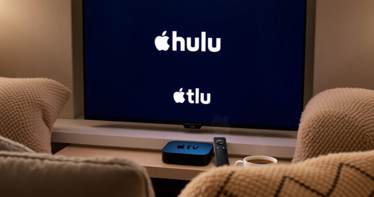 A sleek Apple TV on a modern living room shelf, glowing softly as the Hulu logo illuminates the screen. Surrounding it are cozy plush pillows and a steaming cup of coffee, with a warm ambiance from a fireplace in the background, inviting viewers to enjoy seamless streaming in style.