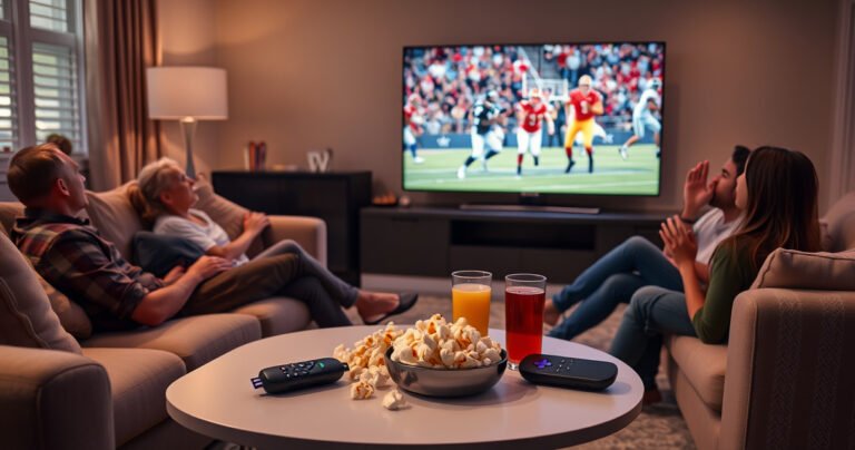 A cozy living room scene featuring a sleek Roku device connected to a modern TV displaying vibrant live sports. Soft lighting casts a warm glow on a plush couch with popcorn and drinks on a stylish coffee table, while family members cheer, immersed in the excitement of the game, creating a lively atmosphere of entertainment.