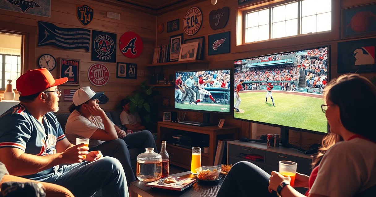 A vibrant living room scene showcasing a diverse group of friends gathered around a large TV, intently watching a baseball game. The room is filled with team memorabilia, snacks, and drinks, with sunlight streaming through the window, casting a warm glow. Excitement fills the air as a close-up of a thrilling play unfolds on screen.