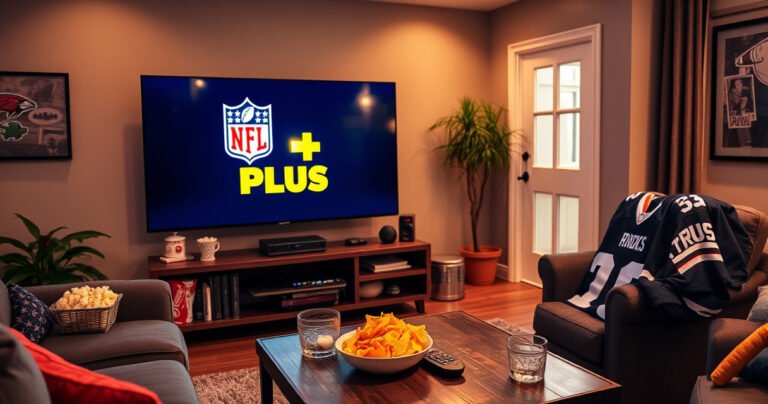A cozy living room with a large flat-screen TV displaying the NFL Plus logo, surrounded by snacks like popcorn and nachos. A football-themed decor elements, like a team jersey draped over a chair and a coffee table with a remote control, shining under warm, inviting lighting, creating a perfect game day atmosphere.