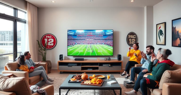 A vibrant, modern living room with a large flat-screen TV displaying a thrilling college football game, colorful PAC 12 logos in the corner, snacks spread across a stylish coffee table, friends in spirited gear cheering, bright natural light streaming through a window, creating an inviting atmosphere of excitement and camaraderie around sports viewing.