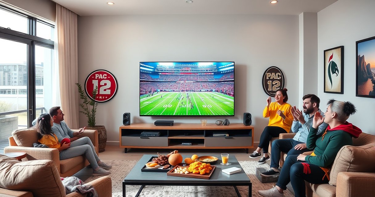 A vibrant, modern living room with a large flat-screen TV displaying a thrilling college football game, colorful PAC 12 logos in the corner, snacks spread across a stylish coffee table, friends in spirited gear cheering, bright natural light streaming through a window, creating an inviting atmosphere of excitement and camaraderie around sports viewing.