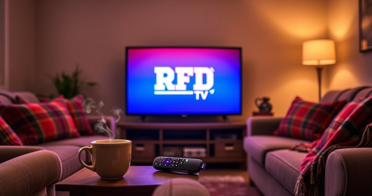 A cozy living room setting with a glowing TV screen displaying RFD TV's logo, surrounded by plush furniture, a steaming cup of coffee on a side table, and a colorful blanket draped over the couch. Warm lighting enhances the inviting atmosphere, while a Roku remote rests on the table, hinting at a seamless streaming experience.