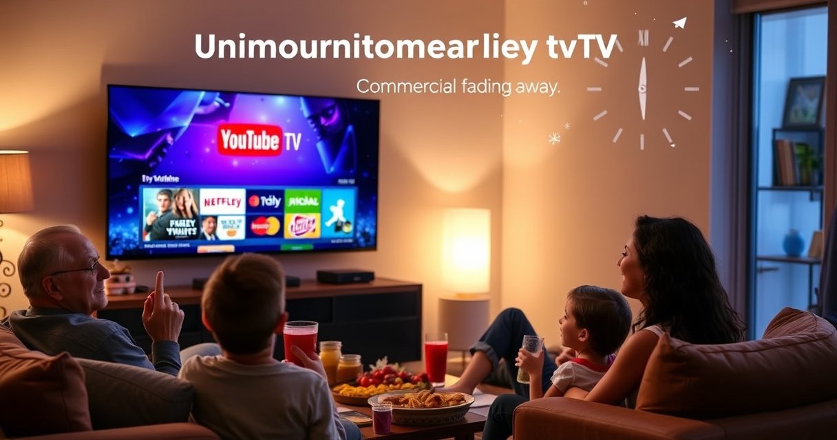 A cozy living room with a large flat-screen TV displaying a colorful YouTube TV interface, surrounded by snacks and drinks, while a family of four enjoys a movie night, their expressions filled with joy. In the background, a subtle clock shows time passing, symbolizing uninterrupted viewing, with a whimsical overlay of commercial icons fading away.