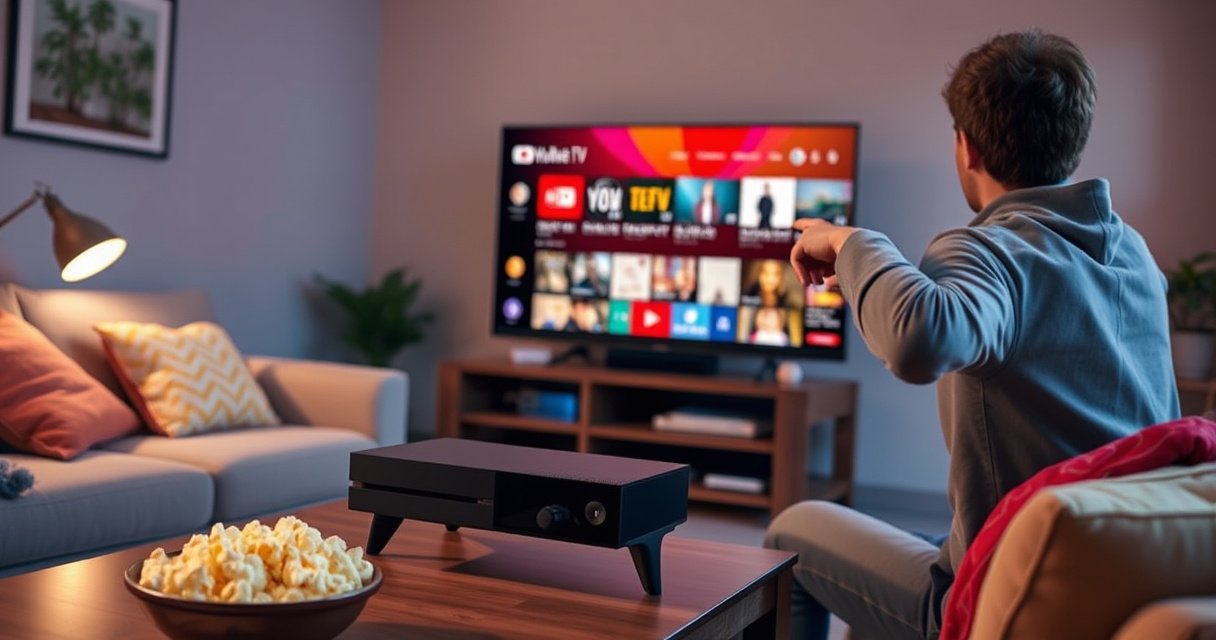 A cozy living room scene featuring an Xbox console connected to a large TV displaying the vibrant YouTube TV interface. Soft ambient lighting, a plush couch with colorful cushions, and a bowl of popcorn on the coffee table create a welcoming atmosphere. A person excitedly points at the screen, embodying the thrill of streaming entertainment.