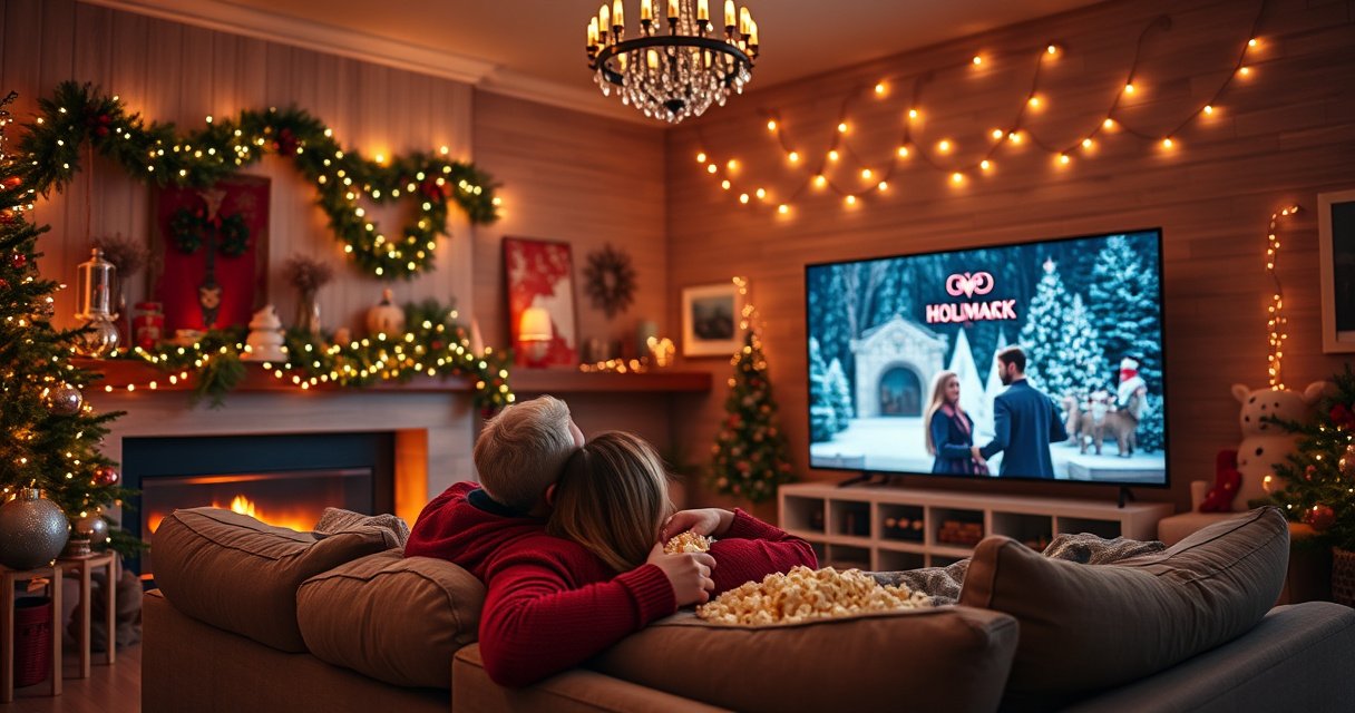 A cozy living room adorned with festive decorations, a glowing fireplace, and a large television screen displaying a romantic Hallmark movie scene. A couple snuggles on a plush sofa with popcorn, surrounded by twinkling fairy lights and a warm, inviting atmosphere, evoking feelings of love and holiday cheer.