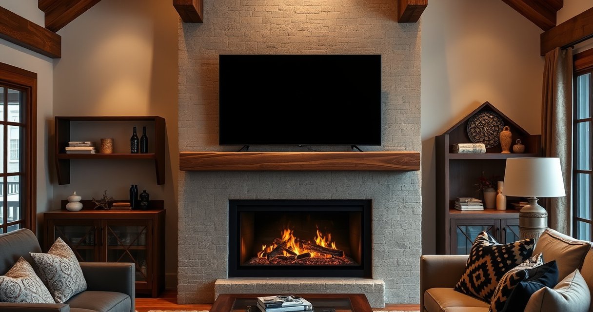 A cozy living room featuring a stylish fireplace with a modern TV mounted above it, warm flames flickering below, surrounded by rustic wooden beams and plush furnishings. Soft, ambient lighting highlights elegant decor, while a comfortable sofa invites relaxation. The scene exudes warmth and sophistication, showcasing a perfect blend of technology and home comfort.