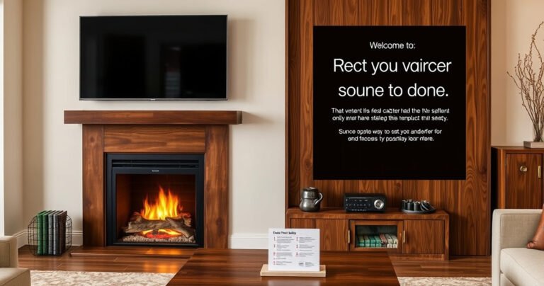 A cozy living room scene featuring a stylish wood fireplace with a TV mounted above it, warm flames flickering below, safety tips artistically displayed on a nearby table. Soft lighting casts a welcoming glow, contrasting the sleek modern design of the TV and rustic charm of the fireplace, inviting viewers to consider the harmonious balance of aesthetics and safety.