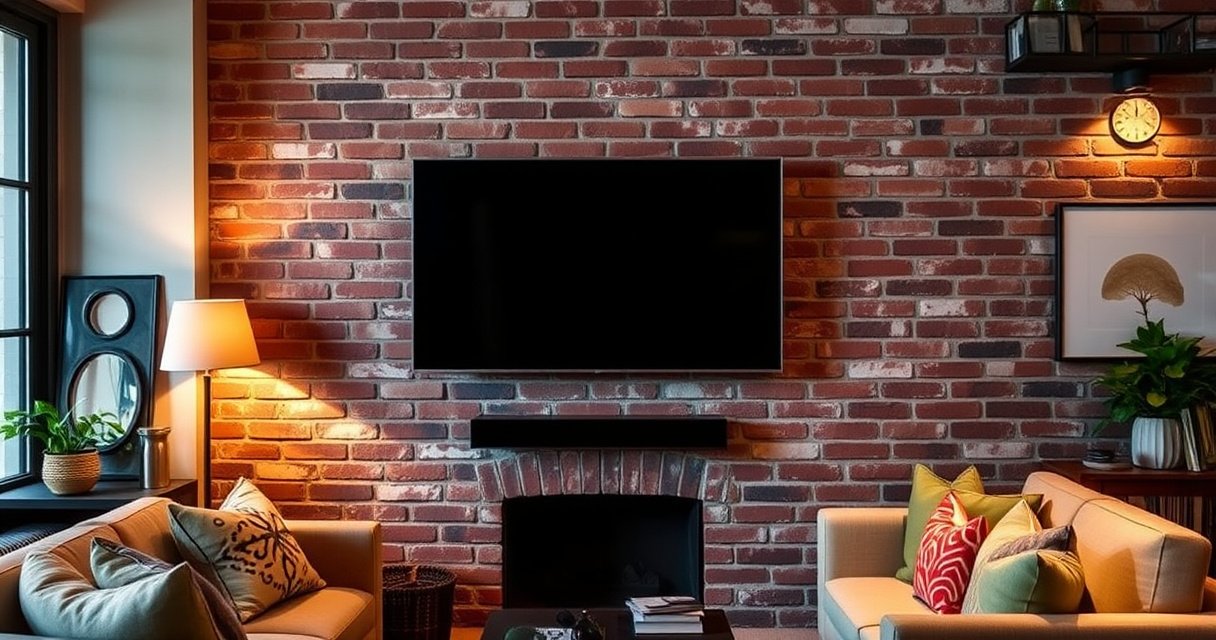 A cozy living room featuring a sleek, modern flat-screen TV mounted on a rustic brick wall, surrounded by stylish decor. Soft, ambient lighting creates a warm atmosphere, highlighting a comfortable sofa with colorful cushions and a small coffee table adorned with books. The juxtaposition of contemporary technology against the textured brick adds visual interest and intrigue.