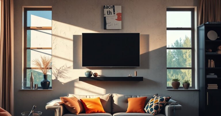 A modern living room featuring a sleek flat-screen TV securely mounted on a textured plaster wall, surrounded by stylish decor. Sunlight filters through large windows, casting soft shadows. A cozy sofa with colorful cushions sits below, and a tool kit rests nearby, hinting at DIY methods. Warm tones create an inviting atmosphere, showcasing practical yet aesthetic elements.