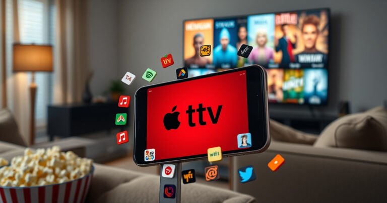 A sleek Android phone displaying the Apple TV logo on its vibrant screen, surrounded by a whirlwind of colorful streaming icons. In the background, a cozy living room setting with a plush couch, popcorn bowl, and a large TV showcasing eye-catching movie posters, creating a warm, inviting atmosphere that merges both platforms seamlessly.