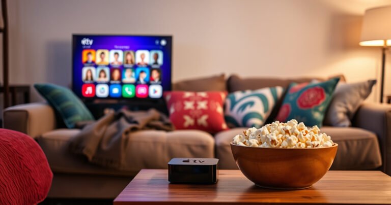 A cozy living room scene featuring a sleek Apple TV, displaying colorful user profile icons on the screen. Soft ambient lighting casts a warm glow, contrasting with a plush sofa adorned with vibrant throw pillows. A bowl of popcorn sits on a wooden coffee table, inviting viewers into a perfect movie night atmosphere.