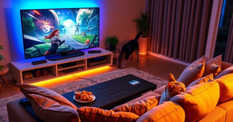A cozy living room scene with a Steam Deck connected to a large, sleek TV, vibrant game graphics lighting up the screen. A comfortable sofa with pillows, snacks on a table, and a playful pet nearby. Warm ambient lighting creates an inviting atmosphere, illustrating a seamless gaming experience shared with friends or family.