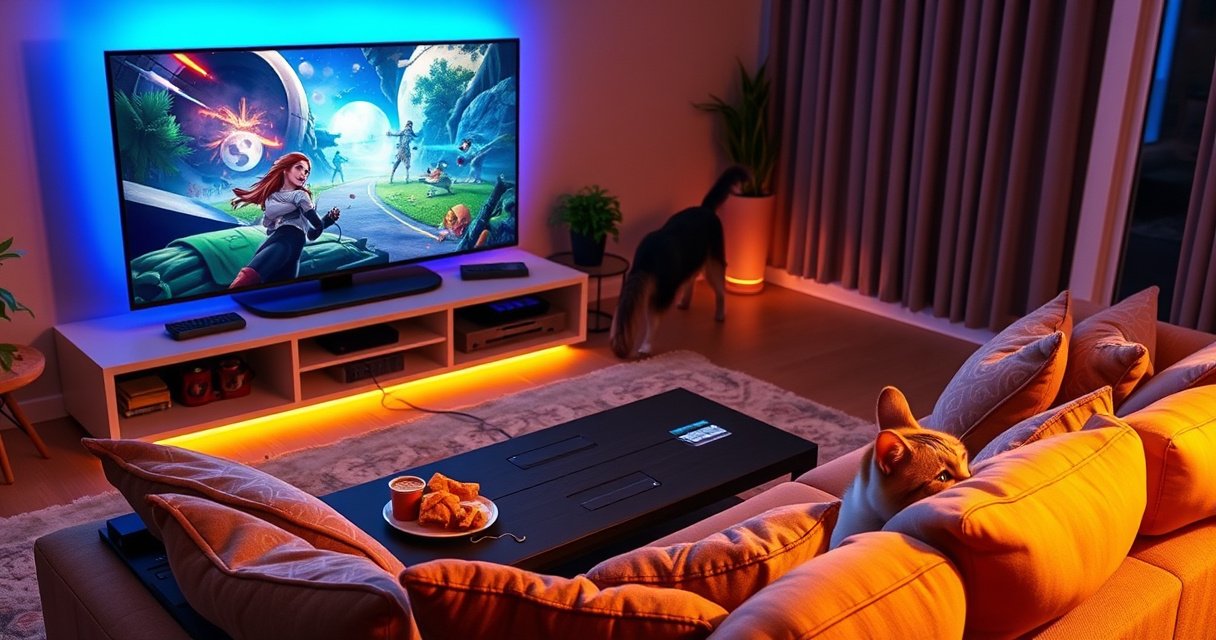 A cozy living room scene with a Steam Deck connected to a large, sleek TV, vibrant game graphics lighting up the screen. A comfortable sofa with pillows, snacks on a table, and a playful pet nearby. Warm ambient lighting creates an inviting atmosphere, illustrating a seamless gaming experience shared with friends or family.