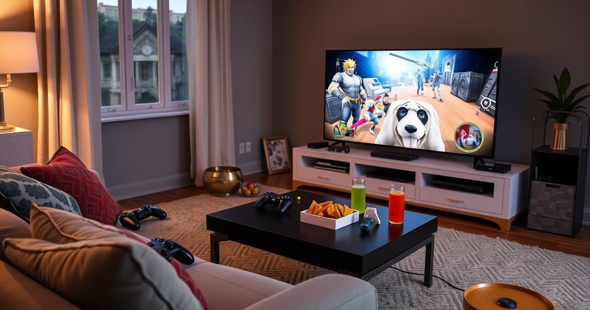 A cozy living room scene featuring a Steam Deck connected to a large TV, vibrant game graphics displayed on the screen. A comfortable couch with colorful cushions, scattered game controllers, and soft, ambient lighting create a welcoming atmosphere. Nearby, a coffee table holds snacks and drinks, inviting gamers to relax and enjoy their gaming experience.
