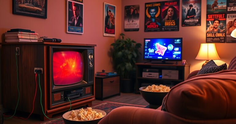 A cozy living room featuring an old wooden TV set, a vibrant Firestick plugged in, colorful cables woven around, a comfortable couch with a bowl of popcorn, warm ambient lighting, and a wall adorned with retro movie posters, all conveying a sense of nostalgia and modern technology merging seamlessly.
