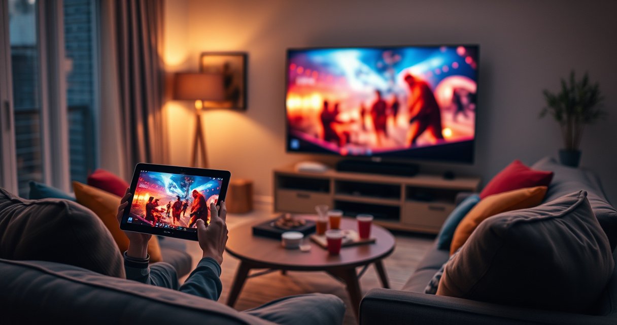 A cozy living room scene featuring a sleek tablet displaying a vibrant movie, seamlessly connected to a large flat-screen TV. Soft ambient lighting creates a warm atmosphere, with a comfortable couch adorned with colorful cushions. A small coffee table holds snacks and drinks, inviting viewers to enjoy a cinematic experience at home.