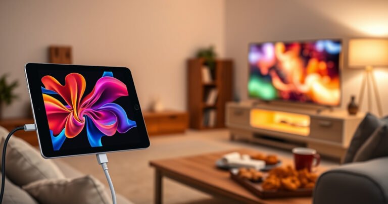 A sleek iPad displaying vibrant visuals, seamlessly connected to a modern flat-screen TV. Bright cables intertwine, showcasing various connection options like HDMI and wireless. The background features a cozy living room with soft lighting, an inviting sofa, and a coffee table with snacks, embodying a perfect movie night atmosphere.