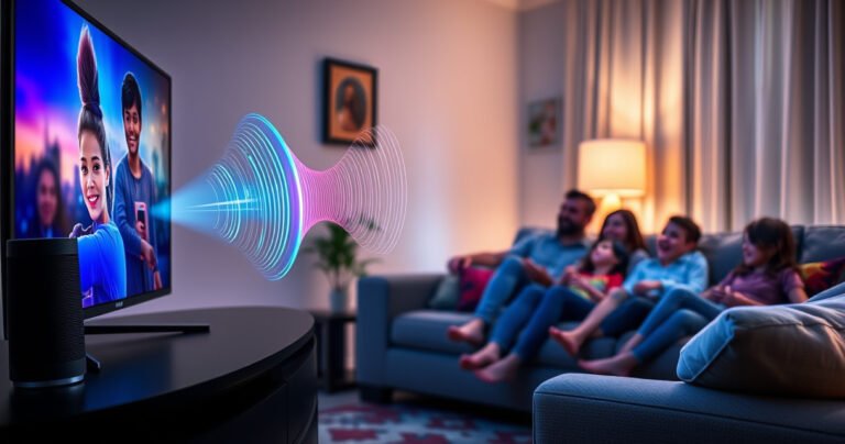 A cozy living room scene features a sleek Bluetooth speaker next to a modern TV, with vibrant sound waves visually emanating from the speaker. Soft, ambient lighting highlights a comfortable couch and colorful decor, while a family enjoys a movie night, immersed in the connection between technology and togetherness.